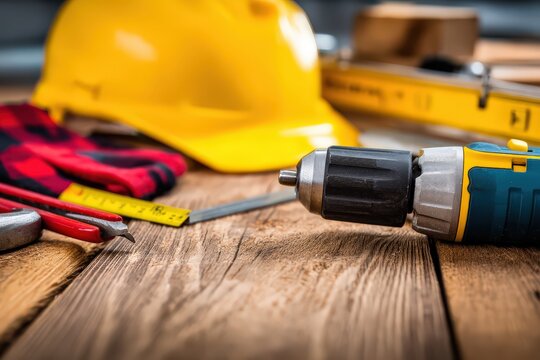 Essential tools for construction projects featuring a drill measuring tape and safety gear on a rustic wooden surface showcasing craftsmanship and dedication to building