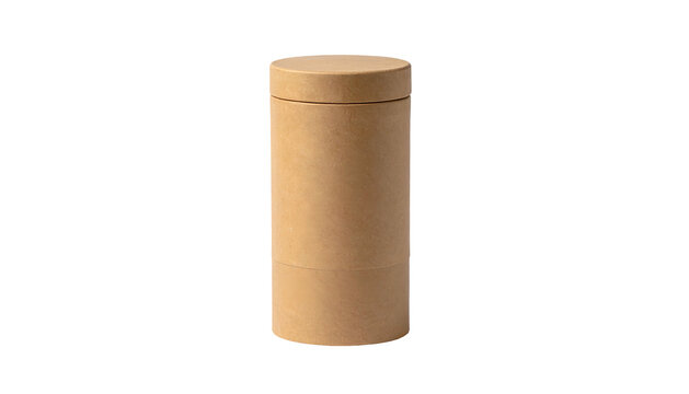 A cylindrical cardboard container with a matching lid stands against a black backdrop