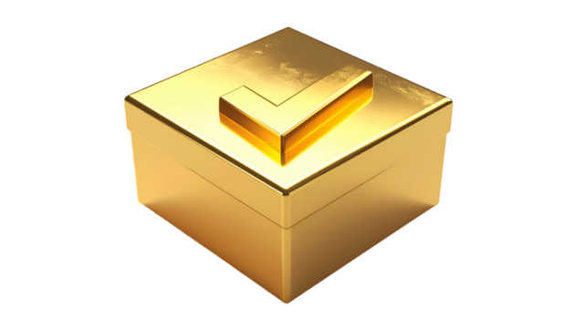 Golden box with checkmark on top, set against a black background, rendered with a metallic sheen