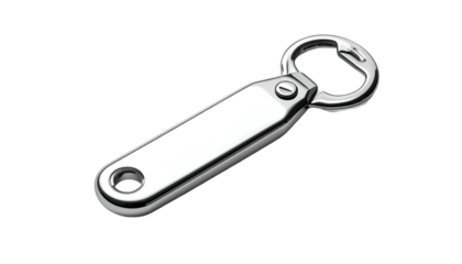 Shiny chrome bottle opener angled slightly to the right against a black background