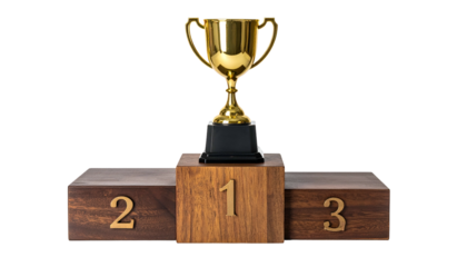 A golden trophy sits atop a wooden podium marked with numbers 1, 2, and 3 against black