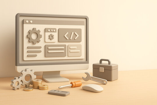 Modern 3D Illustration of Website Development and Maintenance Tools | Web Design and CMS Support Concept WebWeb サイトの開発とメンテナンスを象徴する3Dイラスト | 歯車とツールが並ぶワークスペースシーン