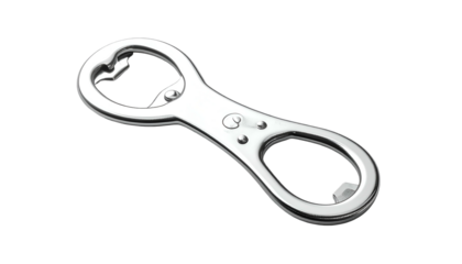 Shiny, silver bottle opener on black. Two loops, curved handle, distinct lever design