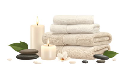 Spa scene with stacked towels, lit candles, stones, leaves, and an orchid on a black background