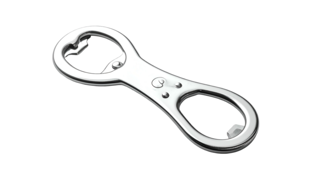 Shiny, silver bottle opener on black. Two loops, curved handle, distinct lever design