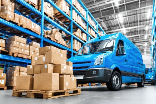 Efficient logistics reveal an organized warehouse with a blue delivery van parked adjacent to stacks of cardboard boxes and a well-managed inventory system showcasing operational excellence