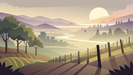 A misty morning at the vineyard as the sun begins to rise casting a soft light over the landscape. The vines are shrouded in a gentle fog giving an ethereal feel to the scene.