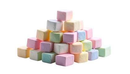 A vibrant pyramid of colorful, soft, square-shaped confectionary treats on a black background