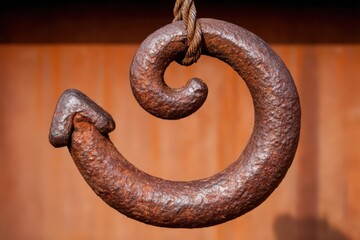 Obraz premium Captivating wrought iron hook with intricate curl designs showcasing rustic charm and sturdy craftsmanship in a vibrant industrial setting captured with clarity