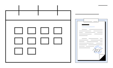 Calendar indicating planning alongside signed document for agreement finalization. Ideal for time management, project planning, deadlines, contracts, productivity, task organization, simple flat