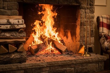 Crackling wood fireplace with warm, glowing flames, filling the room with cozy atmosphere