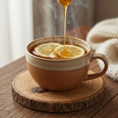 Warm cup of tea with lemon slices and honey, perfect for a relaxing moment with cozy background