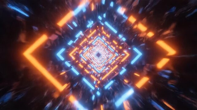 Futuristic Neon Light Tunnel with Blue and Orange Hues.