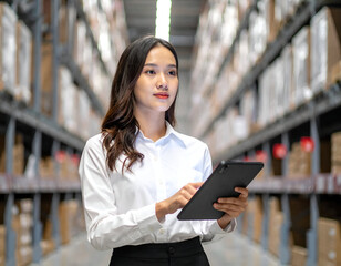 Young Asian woman expertly using a digital tablet for inventory management in a vast, modern warehouse, symbolizing efficient logistics and smart business operations.