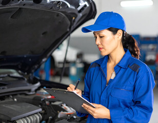 A skilled female auto mechanic in blue overalls and cap diligently inspects a car engine, taking notes on a clipboard in a professional garage.