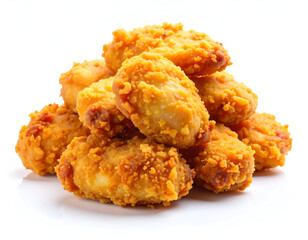 Golden crispy fried chicken nuggets piled high on a pure white background, showcasing delicious fast food for a satisfying meal or snack.