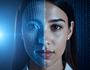 Woman's face merging with a digital wireframe, representing AI, biometric identification, and the fusion of human and technology.