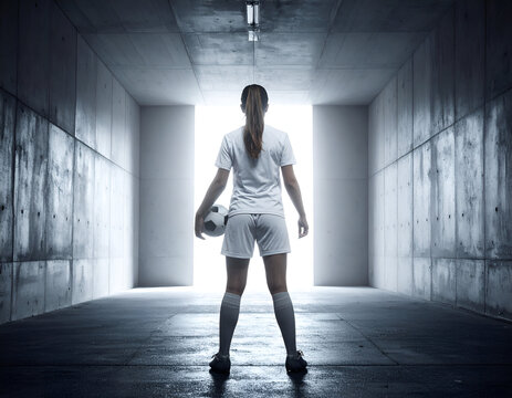 Female soccer player in a dark tunnel, holding a ball, gazing at a bright light. Symbolizes determination, hope, challenge, and new beginnings for sports career.