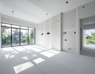 Contemporary room under construction. Large windows, bare walls, unfinished floor. Bright and empty space awaiting renovation and modern interior design.