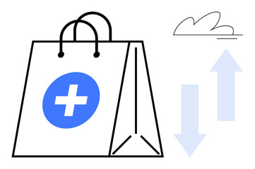 Fototapeta premium Paper bag with medical cross highlights healthcare purchases. Blue arrows symbolize rising and falling trends. Ideal for shopping, healthcare, e-commerce, supply chain, retail, trends, consumerism