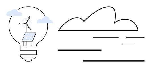 Light bulb containing a wind turbine and solar panel, symbolizing sustainable energy. Adjacent minimalist cloud and lines evoke clean, eco-friendly innovation. Ideal for sustainability, energy