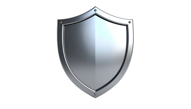 Polished, silver-colored shield with a glossy finish, raised slightly, and a black background