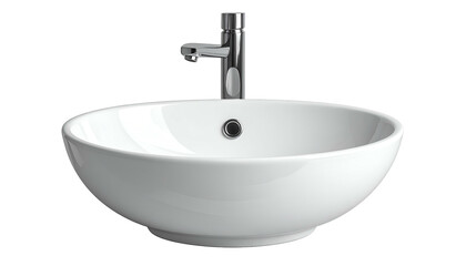 White, round ceramic bathroom sink with silver faucet, isolated on black background