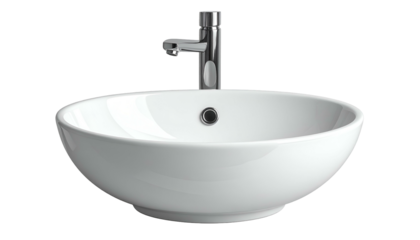 White, round ceramic bathroom sink with silver faucet, isolated on black background