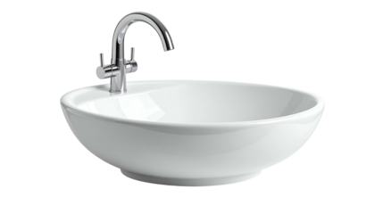 Gleaming white, round bathroom sink with a shiny silver faucet and minimalist design