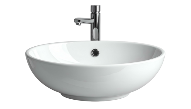 White, round ceramic bathroom sink with silver faucet, isolated on black background