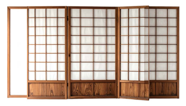 Three traditional Japanese sliding doors, one partially open, featuring wooden frames and paper screens