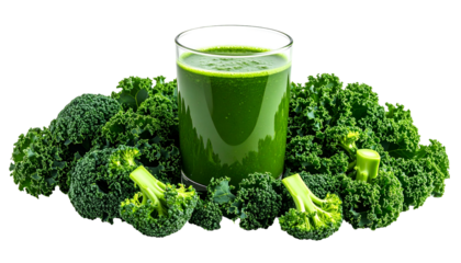 A clear glass of vibrant green juice is encircled by fresh kale, a healthy and colorful display