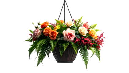 A hanging floral basket displays vibrant roses, ferns, and other blossoms against a black backdrop