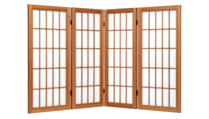A folding screen with a wooden frame and white translucent panels