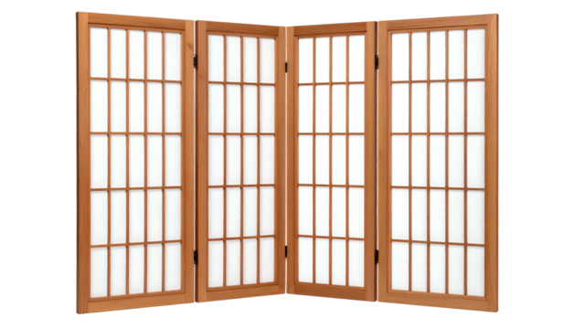 A folding screen with a wooden frame and white translucent panels