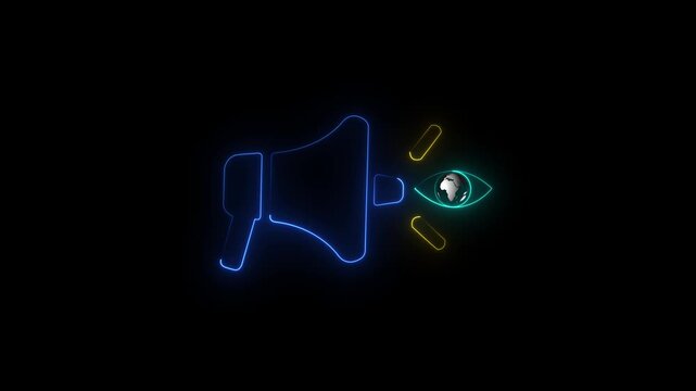 Brand visuality icon, Public Relations concept for construction, Investment, business development and Engineering.Glowing neon line of megaphone with eye icon on black background,with video animation.