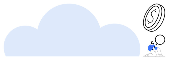 Man with magnifying glass inspecting giant cloud and large coin symbol. Ideal for cloud computing, fintech, data analysis, financial strategy, economy, investment, modern technology. Simple flat