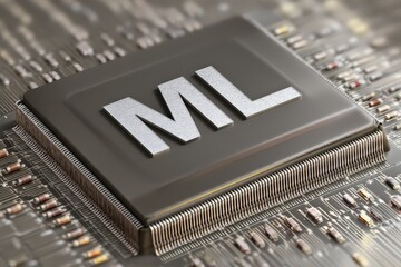 Detailed close up of a modern microprocessor with ML inscription showcasing intricate circuitry design and advanced technology focusing on innovation and computational efficiency