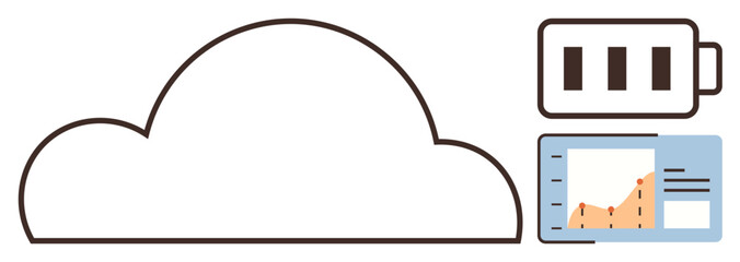 Cloud outline with battery icon and analytics graph, emphasizing digital storage, energy optimization, and performance insights. Ideal for technology, innovation, business growth, and sustainability