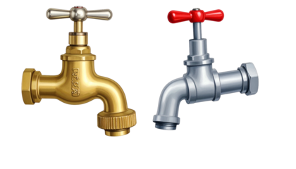 Two cartoon taps, one gold and one silver with a red handle, on black background