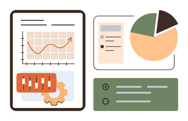 Graph with upward trend, pie chart, control sliders, checklist, settings icon. Ideal for analytics, productivity, planning finance research project management business strategy. Simple flat