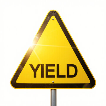 realistic 3D YIELD sign, inverted triangle steel with bright yellow paint, black &ldquo;YIELD&rdquo; text, reflective border, sunny side‑light, transparent background, centered, 1024&times;1024, ultra‑sharp