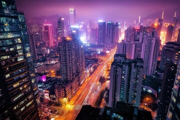 Obraz premium Vibrant city skyline illuminated at night with traffic flowing through the streets