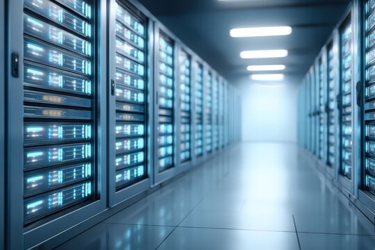 Futuristic data center hallway illuminated by blue LED lights showcasing advanced server racks and technology infrastructure designed for optimal digital performance and connectivity potential
