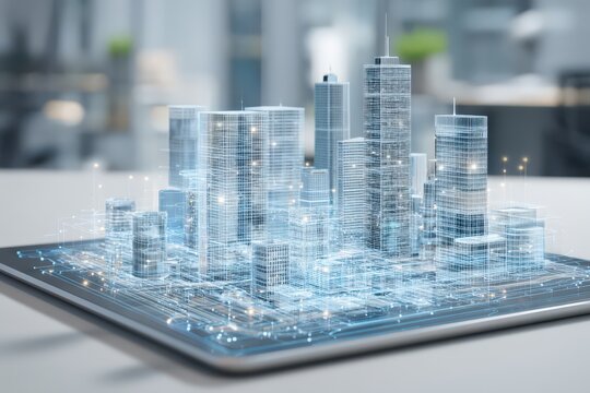 Digital urban landscape showcased through a futuristic holographic city model appearing on a tablet with intricate design elements demonstrating advanced architectural trends and innovative