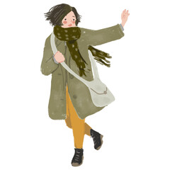 走りながら元気に手を振る冬ファッションの女性