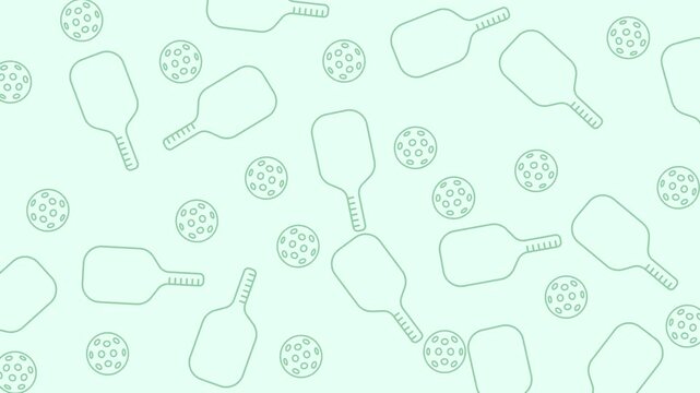 Animation of pickleball pattern with doodle image of a ball and padle in line style on a green background.