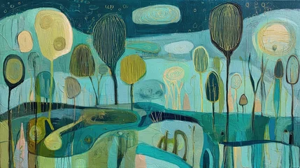 Fotobehang Abstracte kunst A vibrant abstract scene features stylized trees and a flowing river surrounded by soft colors. This artwork captures a serene natural setting full of life and harmony.  © NAITZTOYA