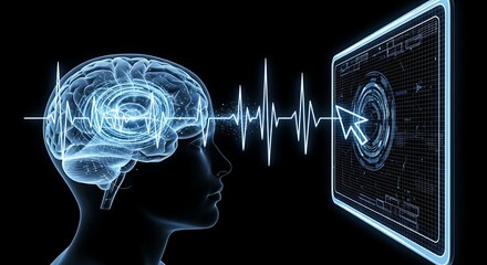 Brain-Computer Interface (BCI) concept. A hologram of a brain with thought waves transforming into commands that move a cursor on a digital screen.
