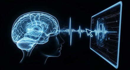Brain-Computer Interface (BCI) concept. A hologram of a brain with thought waves transforming into commands that move a cursor on a digital screen.